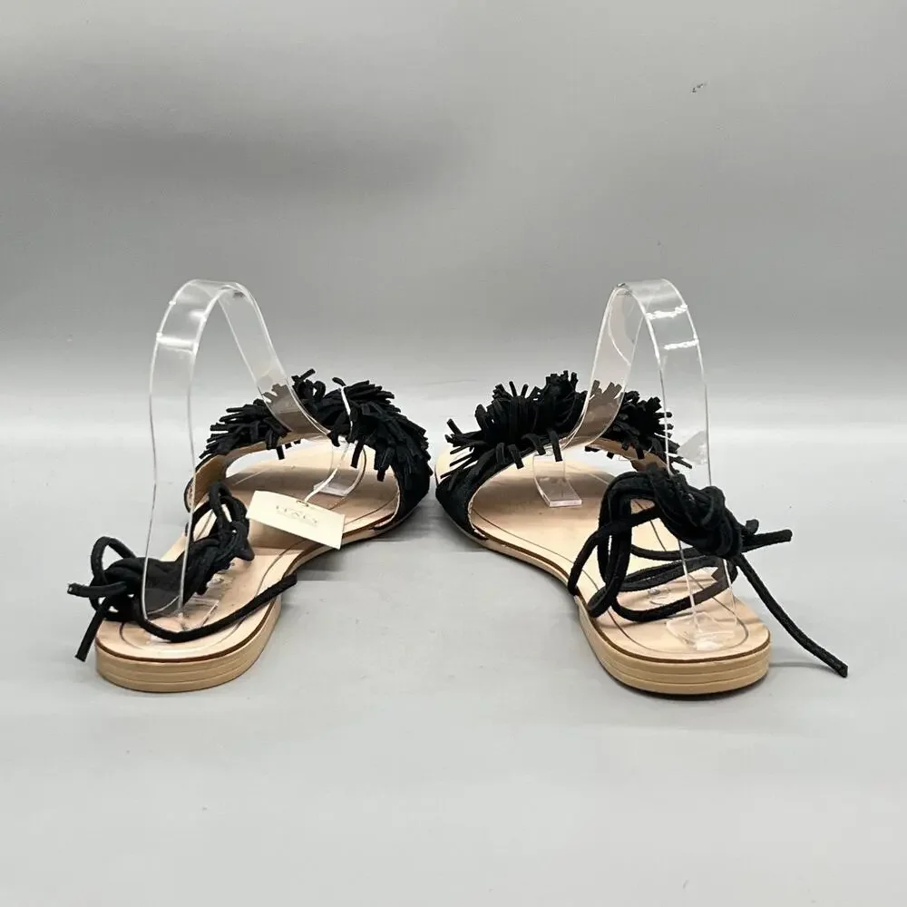 Mariella Sandals Womens 8.5 Black Suede Fringe Lace Up Flats Casual Comfort